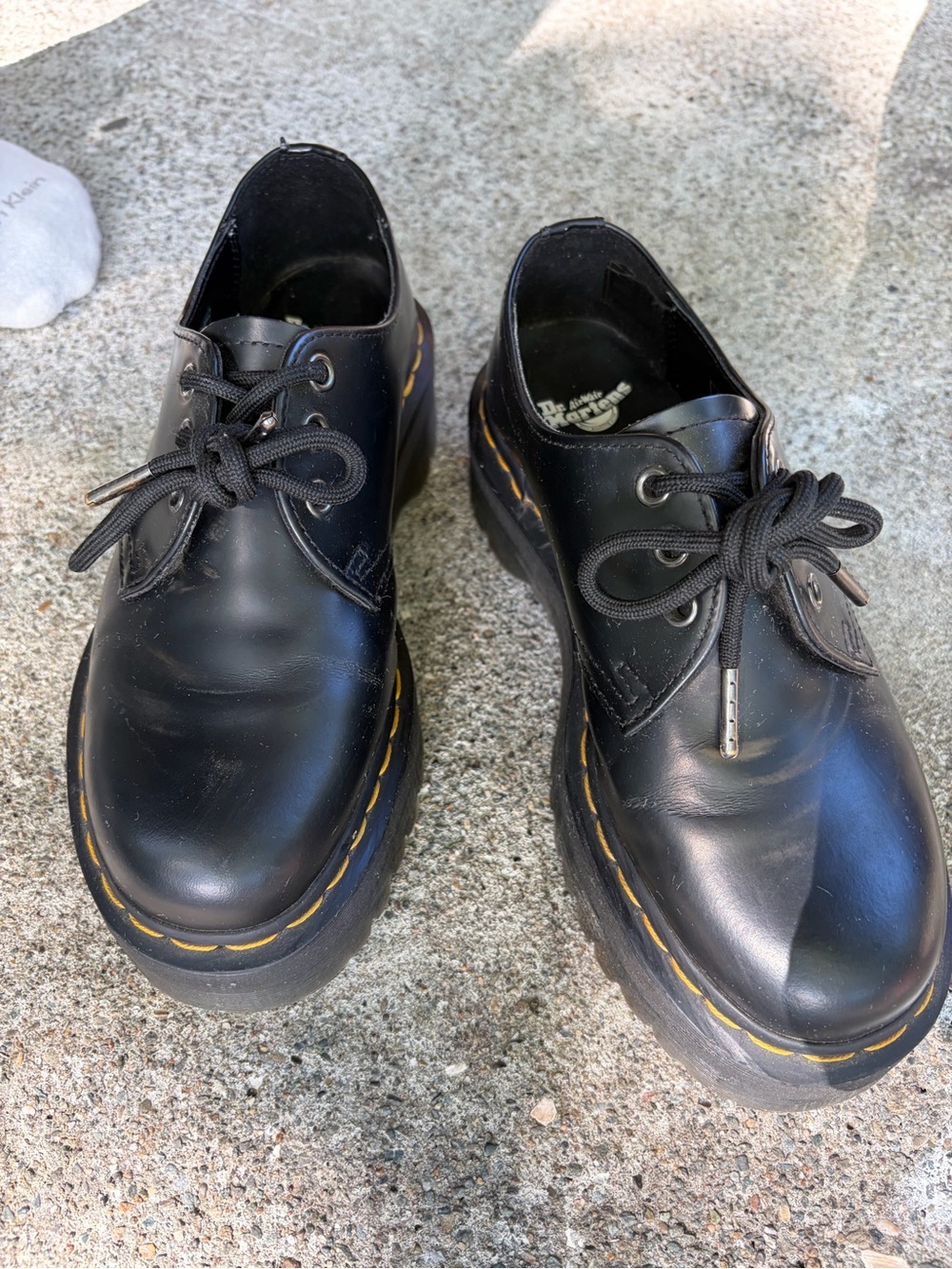 Dr. Martens Black Leather Platform Oxfords with Yellow Stitching